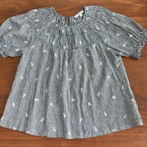 Madewell Embroidered Gingham Shirred Puff-Sleeve Top Bengali Indigo Size Small
